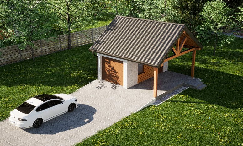 Garaż ERDOL G1W - Wersja prawa - Układ kalenicy równoległy z dachem dwuspadowym o kącie nachylenia 35 stopni - Brama segmentowa z napędem IO, sterowana pilotem - UniPro WIŚNIOWSKI - Styropian, siatka i klej - Złoty dąb