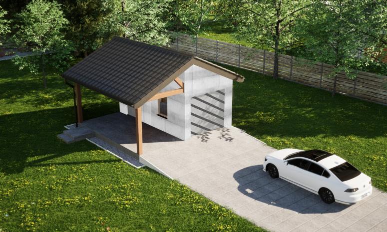 Garaż ERDOL G1W - Wersja lewa - Układ kalenicy prostopadły z dachem dwuspadowym o kącie nachylenia 25 stopni - Bez bramy - Bez styropianu, siatki i kleju - Biały