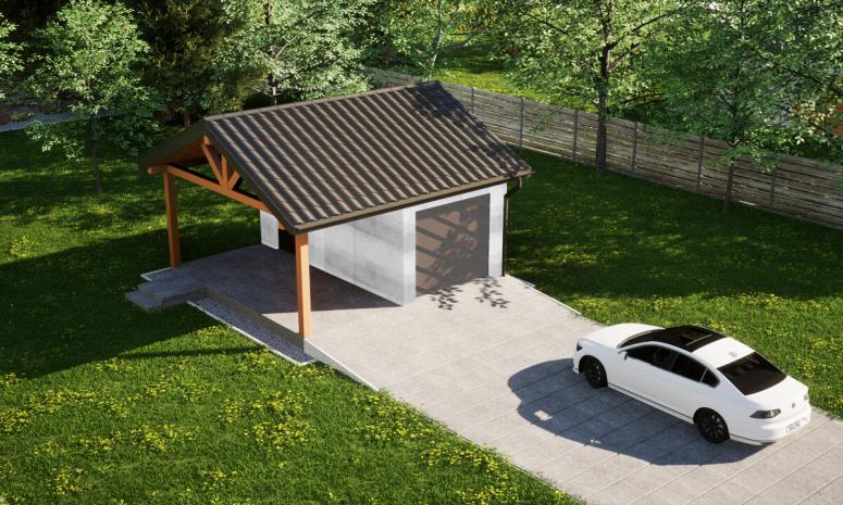 Garaż ERDOL G1W - Wersja lewa - Układ kalenicy równoległy z dachem dwuspadowym o kącie nachylenia 25 stopni - Bez bramy - Bez styropianu, siatki i kleju - Orzech