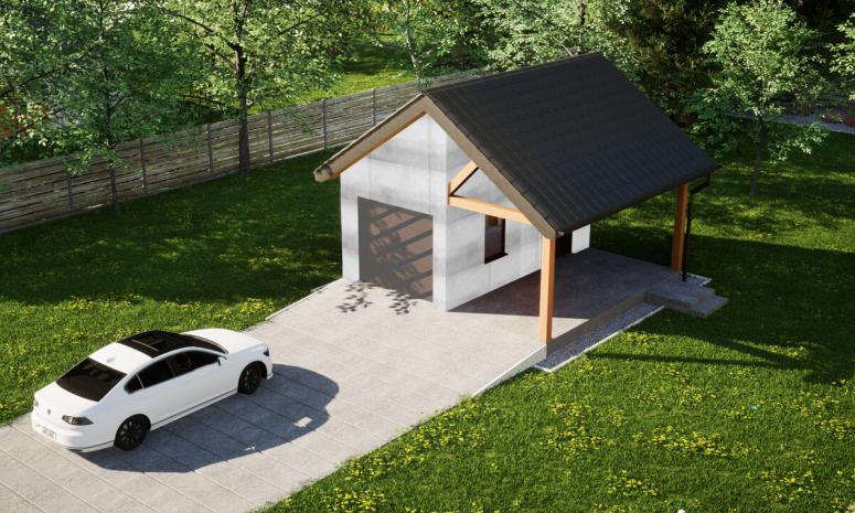 Garaż ERDOL G1W - Wersja prawa - Układ kalenicy prostopadły z dachem dwuspadowym o kącie nachylenia 35 stopni - Bez bramy - Bez styropianu, siatki i kleju - Orzech