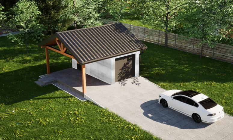 Garaż ERDOL G1W - Wersja lewa - Układ kalenicy równoległy z dachem dwuspadowym o kącie nachylenia 25 stopni - Brama segmentowa z napędem IO, sterowana pilotem - UniPro WIŚNIOWSKI - Bez styropianu, siatki i kleju - Antracyt