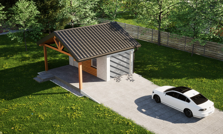 Garaż ERDOL G1W - Wersja lewa - Układ kalenicy równoległy z dachem dwuspadowym o kącie nachylenia 25 stopni - Bez bramy - Styropian, siatka i klej - Biały