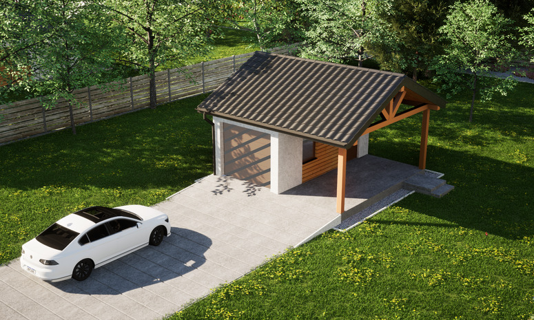 Garaż ERDOL G1W - Wersja prawa - Układ kalenicy równoległy z dachem dwuspadowym o kącie nachylenia 25 stopni - Bez bramy - Styropian, siatka i klej - Złoty dąb