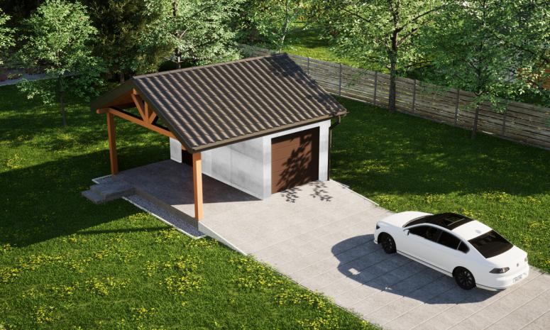 Garaż ERDOL G1W - Wersja lewa - Układ kalenicy równoległy z dachem dwuspadowym o kącie nachylenia 25 stopni - Brama segmentowa z napędem IO, sterowana pilotem - UniPro WIŚNIOWSKI - Bez styropianu, siatki i kleju - Orzech