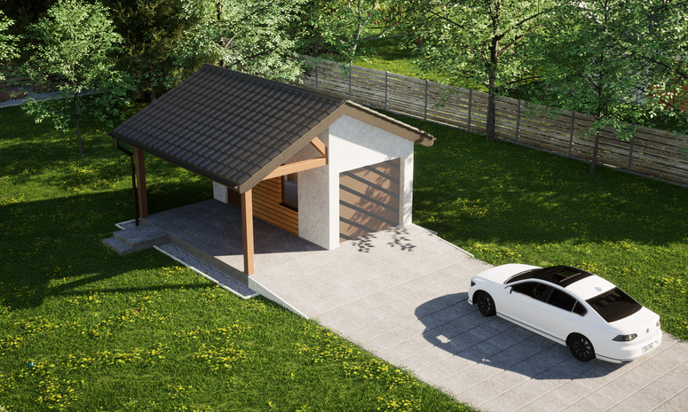 Garaż ERDOL G1W - Wersja lewa - Układ kalenicy prostopadły z dachem dwuspadowym o kącie nachylenia 25 stopni - Bez bramy - Styropian, siatka i klej - Złoty dąb