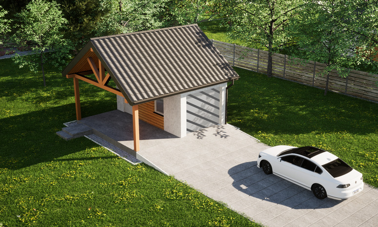 Garaż ERDOL G1W - Wersja lewa - Układ kalenicy równoległy z dachem dwuspadowym o kącie nachylenia 35 stopni - Bez bramy - Styropian, siatka i klej - Biały