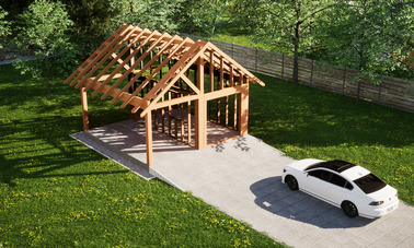 Widok konstrukcji: Garaż ERDOL G1W - Wersja lewa - Układ kalenicy prostopadły z dachem dwuspadowym o kącie nachylenia 35 stopni