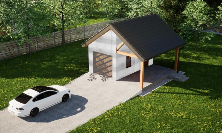 Garaż ERDOL G1W - Wersja prawa - Układ kalenicy prostopadły z dachem dwuspadowym o kącie nachylenia 35 stopni - Bez bramy - Bez styropianu, siatki i kleju - Złoty dąb