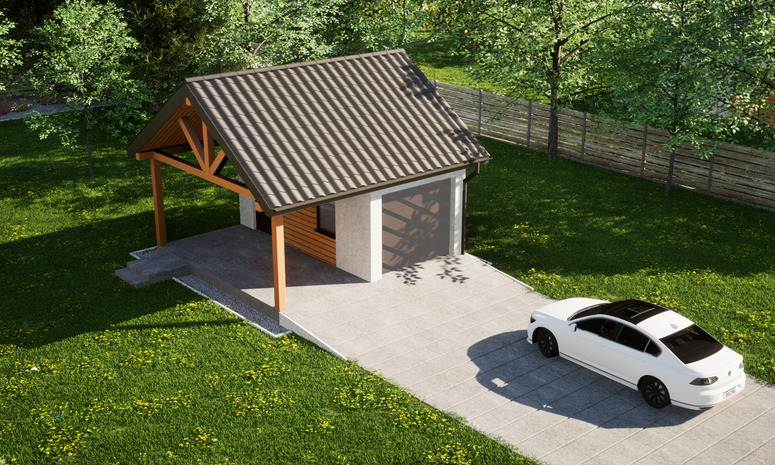 Garaż ERDOL G1W - Wersja lewa - Układ kalenicy równoległy z dachem dwuspadowym o kącie nachylenia 35 stopni - Bez bramy - Styropian, siatka i klej - Orzech