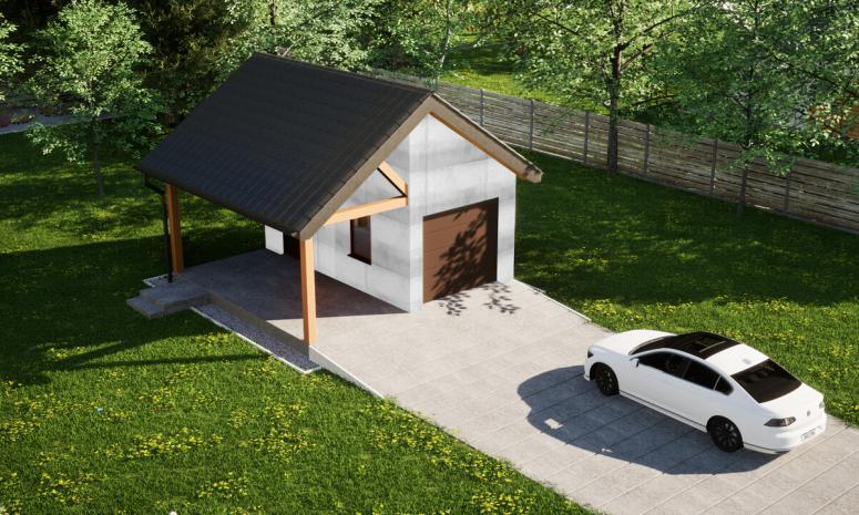 Garaż ERDOL G1W - Wersja lewa - Układ kalenicy prostopadły z dachem dwuspadowym o kącie nachylenia 35 stopni - Brama segmentowa z napędem IO, sterowana pilotem - UniPro WIŚNIOWSKI - Bez styropianu, siatki i kleju - Orzech