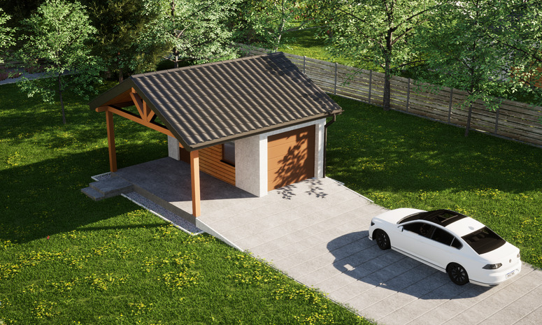 Garaż ERDOL G1W - Wersja lewa - Układ kalenicy równoległy z dachem dwuspadowym o kącie nachylenia 25 stopni - Brama segmentowa z napędem IO, sterowana pilotem - UniPro WIŚNIOWSKI - Styropian, siatka i klej - Złoty dąb
