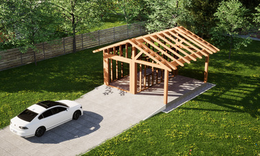 Widok konstrukcji: Garaż ERDOL G1W - Wersja prawa - Układ kalenicy prostopadły z dachem dwuspadowym o kącie nachylenia 25 stopni