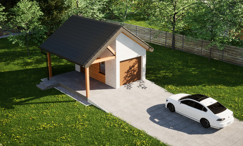 Garaż ERDOL G1W - Wersja lewa - Układ kalenicy prostopadły z dachem dwuspadowym o kącie nachylenia 35 stopni - Brama segmentowa z napędem IO, sterowana pilotem - UniPro WIŚNIOWSKI - Styropian, siatka i klej - Złoty dąb