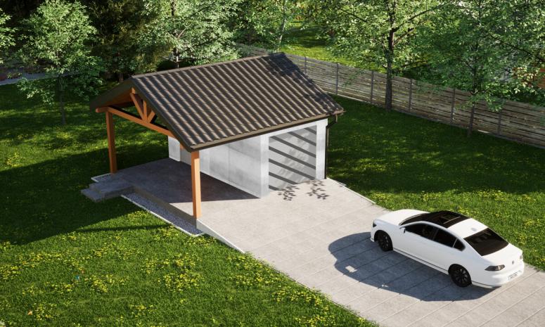 Garaż ERDOL G1W - Wersja lewa - Układ kalenicy równoległy z dachem dwuspadowym o kącie nachylenia 25 stopni - Bez bramy - Bez styropianu, siatki i kleju - Biały