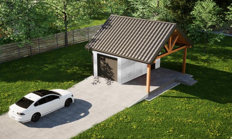 Garaż ERDOL G1W - Wersja prawa - Układ kalenicy równoległy z dachem dwuspadowym o kącie nachylenia 35 stopni - Brama segmentowa z napędem IO, sterowana pilotem - UniPro WIŚNIOWSKI - Bez styropianu, siatki i kleju - Antracyt