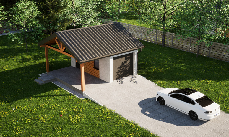 Garaż ERDOL G1W - Wersja lewa - Układ kalenicy równoległy z dachem dwuspadowym o kącie nachylenia 25 stopni - Brama segmentowa z napędem IO, sterowana pilotem - UniPro WIŚNIOWSKI - Styropian, siatka i klej - Antracyt