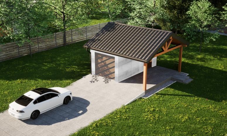 Garaż ERDOL G1W - Wersja prawa - Układ kalenicy równoległy z dachem dwuspadowym o kącie nachylenia 25 stopni - Bez bramy - Bez styropianu, siatki i kleju - Złoty dąb