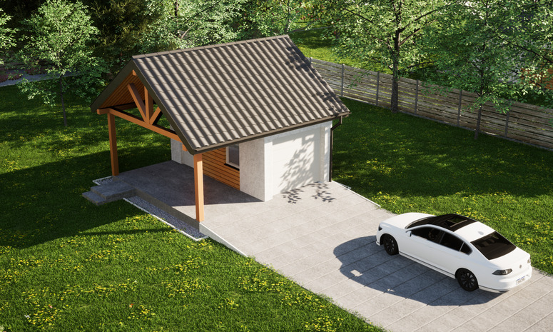 Garaż ERDOL G1W - Wersja lewa - Układ kalenicy równoległy z dachem dwuspadowym o kącie nachylenia 35 stopni - Brama segmentowa z napędem IO, sterowana pilotem - UniPro WIŚNIOWSKI - Styropian, siatka i klej - Biały