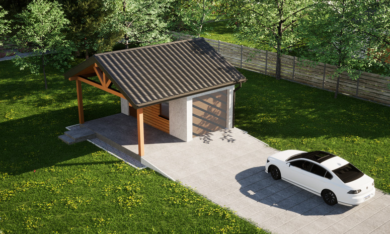 Garaż ERDOL G1W - Wersja lewa - Układ kalenicy równoległy z dachem dwuspadowym o kącie nachylenia 25 stopni - Bez bramy - Styropian, siatka i klej - Złoty dąb