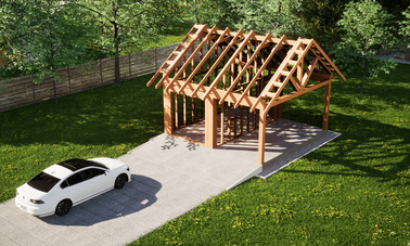 Widok konstrukcji: Garaż ERDOL G1W - Wersja prawa - Układ kalenicy równoległy z dachem dwuspadowym o kącie nachylenia 35 stopni