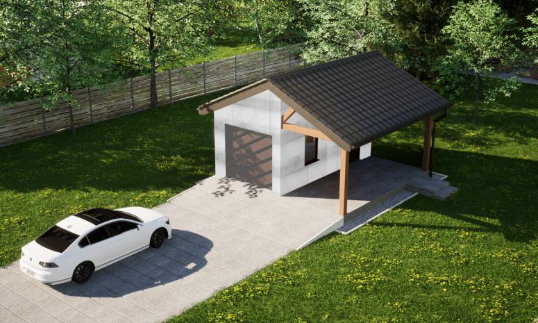 Garaż ERDOL G1W - Wersja prawa - Układ kalenicy prostopadły z dachem dwuspadowym o kącie nachylenia 25 stopni - Bez bramy - Bez styropianu, siatki i kleju - Orzech