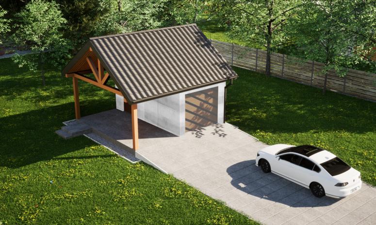 Garaż ERDOL G1W - Wersja lewa - Układ kalenicy równoległy z dachem dwuspadowym o kącie nachylenia 35 stopni - Bez bramy - Bez styropianu, siatki i kleju - Złoty dąb