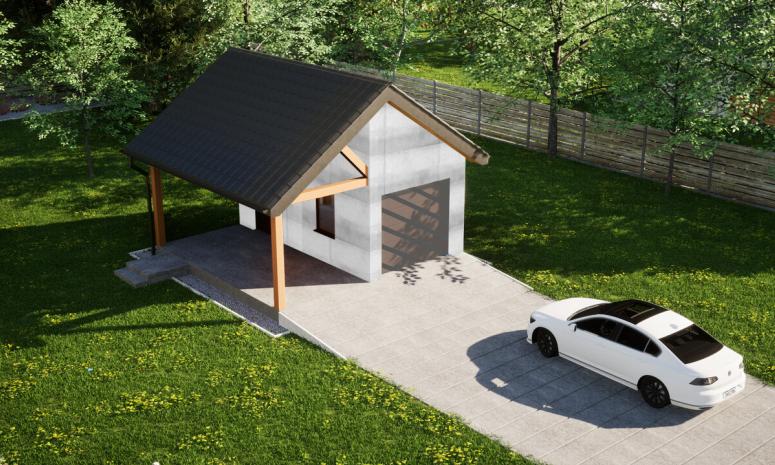 Garaż ERDOL G1W - Wersja lewa - Układ kalenicy prostopadły z dachem dwuspadowym o kącie nachylenia 35 stopni - Bez bramy - Bez styropianu, siatki i kleju - Orzech