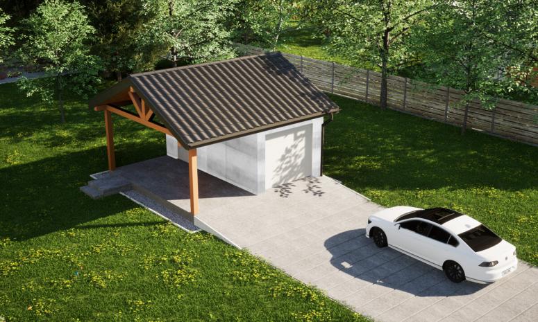 Garaż ERDOL G1W - Wersja lewa - Układ kalenicy równoległy z dachem dwuspadowym o kącie nachylenia 25 stopni - Brama segmentowa z napędem IO, sterowana pilotem - UniPro WIŚNIOWSKI - Bez styropianu, siatki i kleju - Biały