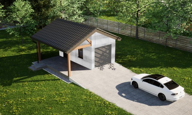 Garaż ERDOL G1W - Wersja lewa - Układ kalenicy prostopadły z dachem dwuspadowym o kącie nachylenia 25 stopni - Bez bramy - Bez styropianu, siatki i kleju - Antracyt