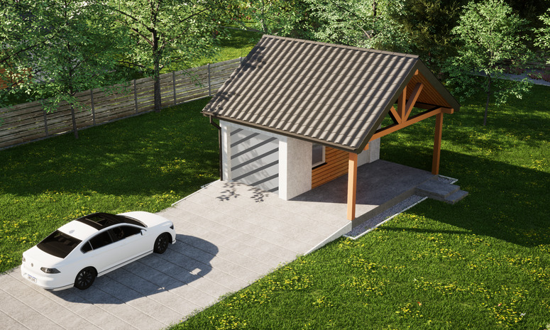 Garaż ERDOL G1W - Wersja prawa - Układ kalenicy równoległy z dachem dwuspadowym o kącie nachylenia 35 stopni - Bez bramy - Styropian, siatka i klej - Biały