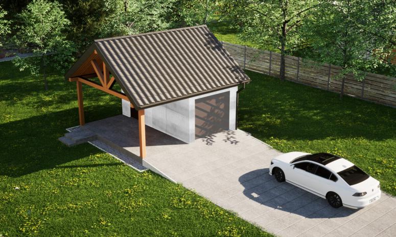 Garaż ERDOL G1W - Wersja lewa - Układ kalenicy równoległy z dachem dwuspadowym o kącie nachylenia 35 stopni - Bez bramy - Bez styropianu, siatki i kleju - Orzech
