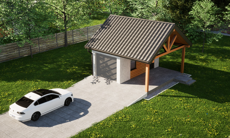 Garaż ERDOL G1W - Wersja prawa - Układ kalenicy równoległy z dachem dwuspadowym o kącie nachylenia 35 stopni - Bez bramy - Styropian, siatka i klej - Antracyt