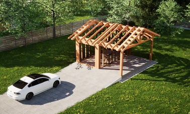 Widok konstrukcji: Garaż ERDOL G1W - Wersja prawa - Układ kalenicy równoległy z dachem dwuspadowym o kącie nachylenia 25 stopni