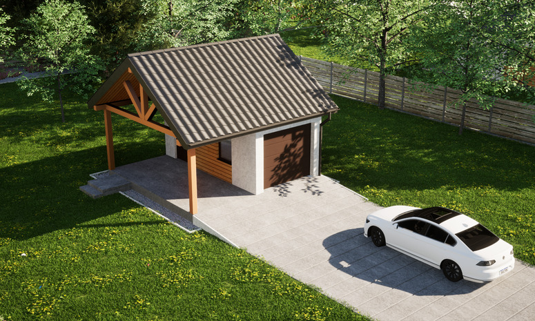 Garaż ERDOL G1W - Wersja lewa - Układ kalenicy równoległy z dachem dwuspadowym o kącie nachylenia 35 stopni - Brama segmentowa z napędem IO, sterowana pilotem - UniPro WIŚNIOWSKI - Styropian, siatka i klej - Orzech