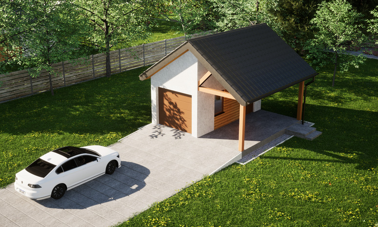 Garaż ERDOL G1W - Wersja prawa - Układ kalenicy prostopadły z dachem dwuspadowym o kącie nachylenia 35 stopni - Brama segmentowa z napędem IO, sterowana pilotem - UniPro WIŚNIOWSKI - Styropian, siatka i klej - Złoty dąb