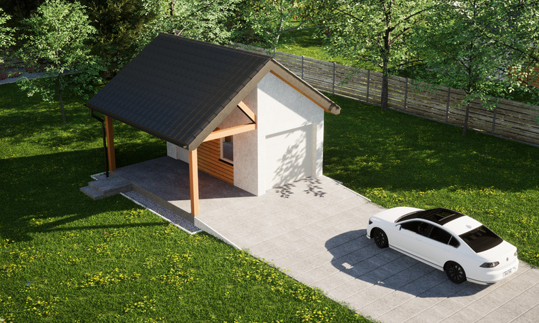 Garaż ERDOL G1W - Wersja lewa - Układ kalenicy prostopadły z dachem dwuspadowym o kącie nachylenia 35 stopni - Brama segmentowa z napędem IO, sterowana pilotem - UniPro WIŚNIOWSKI - Styropian, siatka i klej - Biały