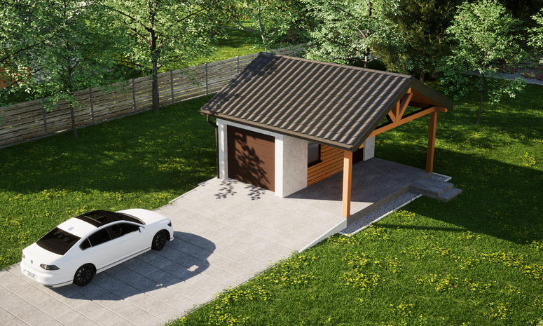 Garaż ERDOL G1W - Wersja prawa - Układ kalenicy równoległy z dachem dwuspadowym o kącie nachylenia 25 stopni - Brama segmentowa z napędem IO, sterowana pilotem - UniPro WIŚNIOWSKI - Styropian, siatka i klej - Orzech