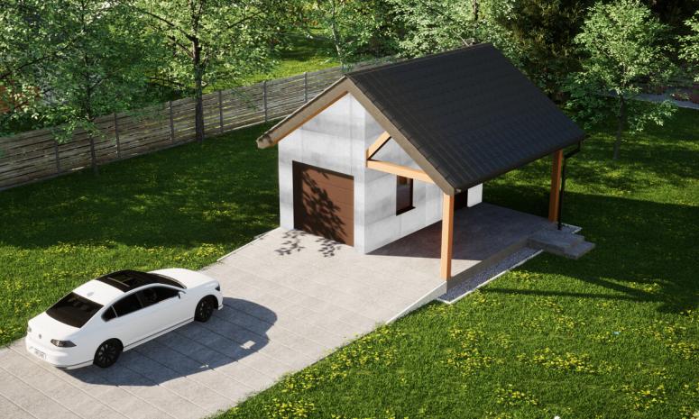 Garaż ERDOL G1W - Wersja prawa - Układ kalenicy prostopadły z dachem dwuspadowym o kącie nachylenia 35 stopni - Brama segmentowa z napędem IO, sterowana pilotem - UniPro WIŚNIOWSKI - Bez styropianu, siatki i kleju - Orzech