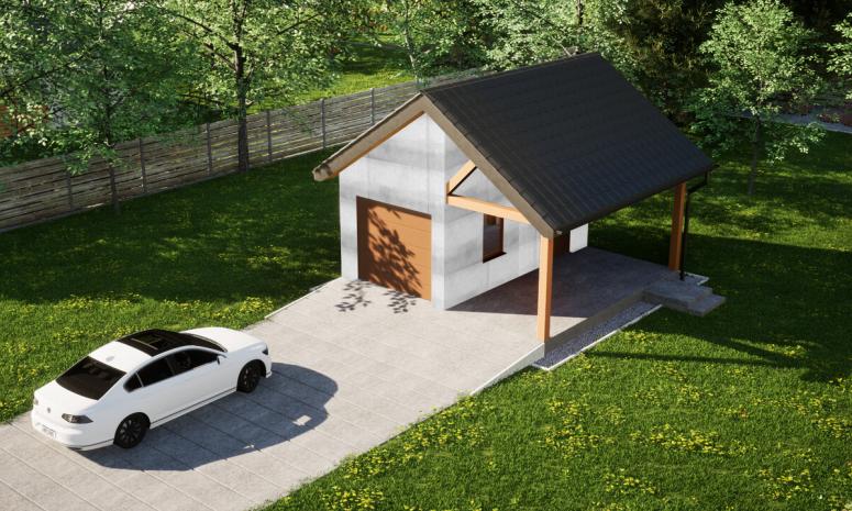 Garaż ERDOL G1W - Wersja prawa - Układ kalenicy prostopadły z dachem dwuspadowym o kącie nachylenia 35 stopni - Brama segmentowa z napędem IO, sterowana pilotem - UniPro WIŚNIOWSKI - Bez styropianu, siatki i kleju - Złoty dąb