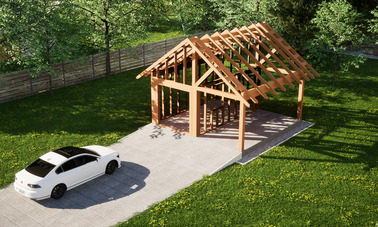 Widok konstrukcji: Garaż ERDOL G1W - Wersja prawa - Układ kalenicy prostopadły z dachem dwuspadowym o kącie nachylenia 35 stopni