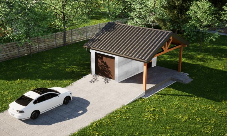 Garaż ERDOL G1W - Wersja prawa - Układ kalenicy równoległy z dachem dwuspadowym o kącie nachylenia 25 stopni - Brama segmentowa z napędem IO, sterowana pilotem - UniPro WIŚNIOWSKI - Bez styropianu, siatki i kleju - Orzech