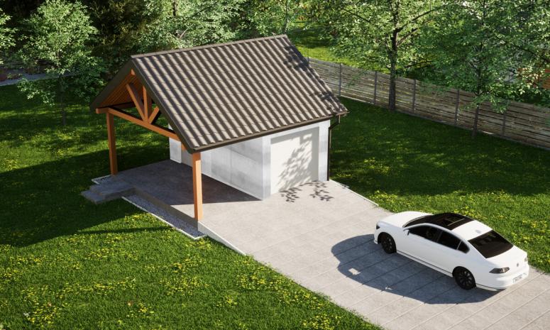 Garaż ERDOL G1W - Wersja lewa - Układ kalenicy równoległy z dachem dwuspadowym o kącie nachylenia 35 stopni - Brama segmentowa z napędem IO, sterowana pilotem - UniPro WIŚNIOWSKI - Bez styropianu, siatki i kleju - Biały