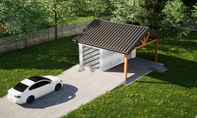 Garaż ERDOL G1W - Wersja prawa - Układ kalenicy równoległy z dachem dwuspadowym o kącie nachylenia 25 stopni - Bez bramy - Bez styropianu, siatki i kleju - Biały