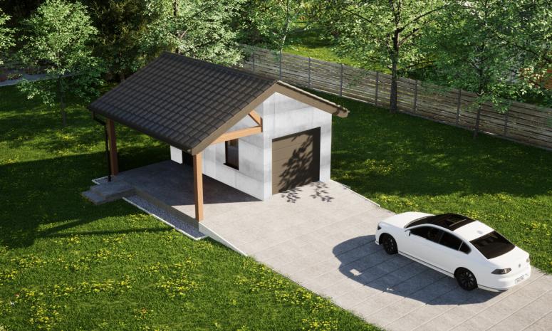 Garaż ERDOL G1W - Wersja lewa - Układ kalenicy prostopadły z dachem dwuspadowym o kącie nachylenia 25 stopni - Brama segmentowa z napędem IO, sterowana pilotem - UniPro WIŚNIOWSKI - Bez styropianu, siatki i kleju - Antracyt