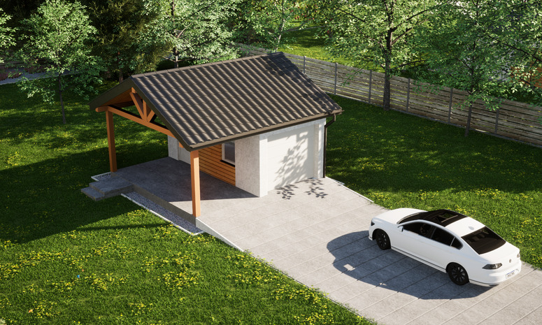 Garaż ERDOL G1W - Wersja lewa - Układ kalenicy równoległy z dachem dwuspadowym o kącie nachylenia 25 stopni - Brama segmentowa z napędem IO, sterowana pilotem - UniPro WIŚNIOWSKI - Styropian, siatka i klej - Biały