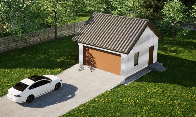Garaż ERDOL G2 - Wersja prawa - Układ kalenicy równoległy z dachem dwuspadowym o kącie nachylenia 35 stopni - Brama segmentowa z napędem IO, sterowana pilotem - UniPro WIŚNIOWSKI - Bez styropianu, siatki i kleju - Złoty dąb