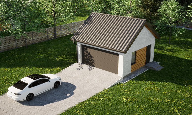 Garaż ERDOL G2 - Wersja prawa - Układ kalenicy równoległy z dachem dwuspadowym o kącie nachylenia 35 stopni - Brama segmentowa z napędem IO, sterowana pilotem - UniPro WIŚNIOWSKI - Styropian, siatka i klej - Antracyt
