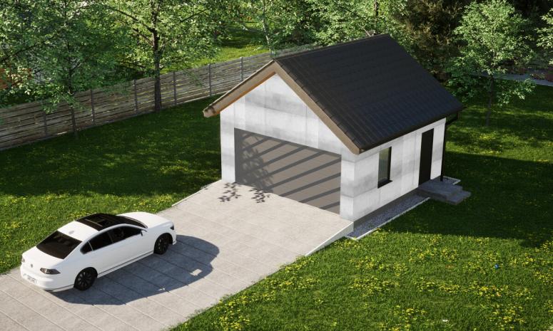 Garaż ERDOL G2 - Wersja prawa - Układ kalenicy prostopadły z dachem dwuspadowym o kącie nachylenia 35 stopni - Bez bramy - Bez styropianu, siatki i kleju - Antracyt