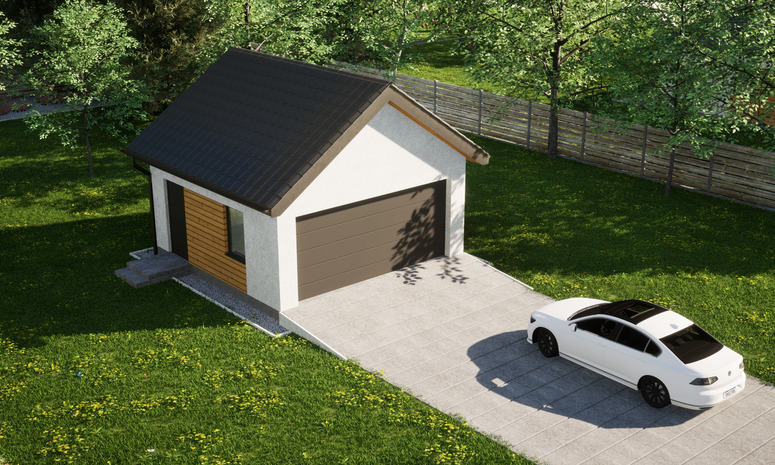 Garaż ERDOL G2 - Wersja lewa - Układ kalenicy prostopadły z dachem dwuspadowym o kącie nachylenia 35 stopni - Brama segmentowa z napędem IO, sterowana pilotem - UniPro WIŚNIOWSKI - Styropian, siatka i klej - Antracyt