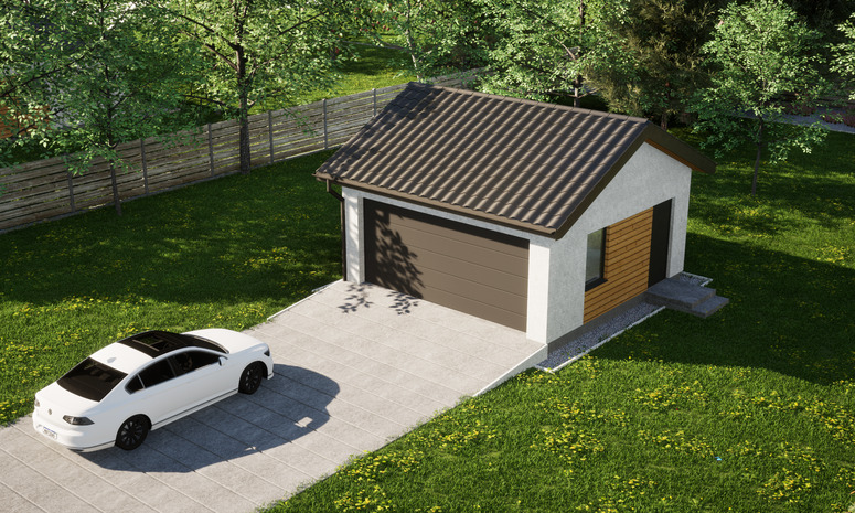 Garaż ERDOL G2 - Wersja prawa - Układ kalenicy równoległy z dachem dwuspadowym o kącie nachylenia 25 stopni - Brama segmentowa z napędem IO, sterowana pilotem - UniPro WIŚNIOWSKI - Styropian, siatka i klej - Antracyt
